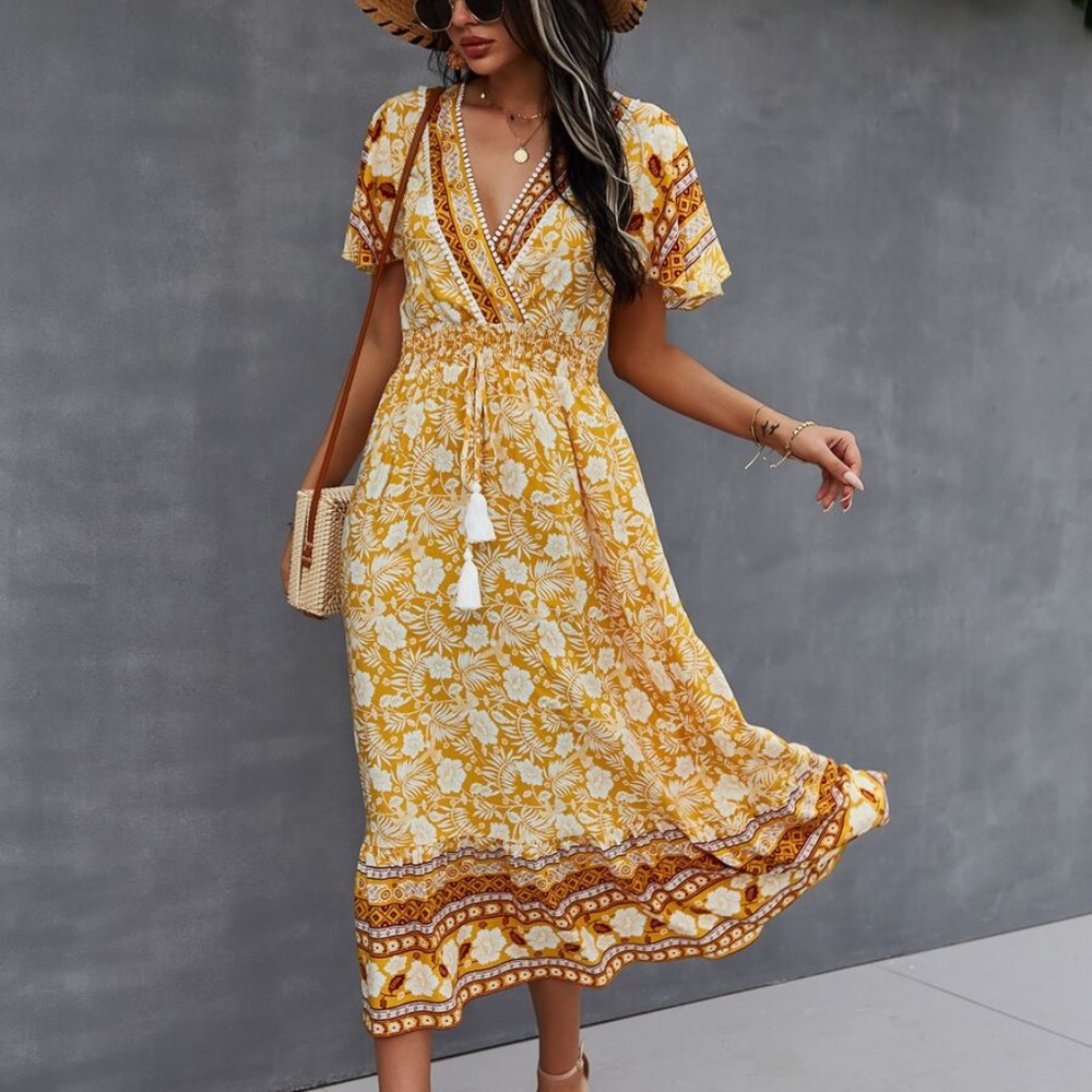 Boho Yellow Floral Butterfly Sleeve Tassel Dress